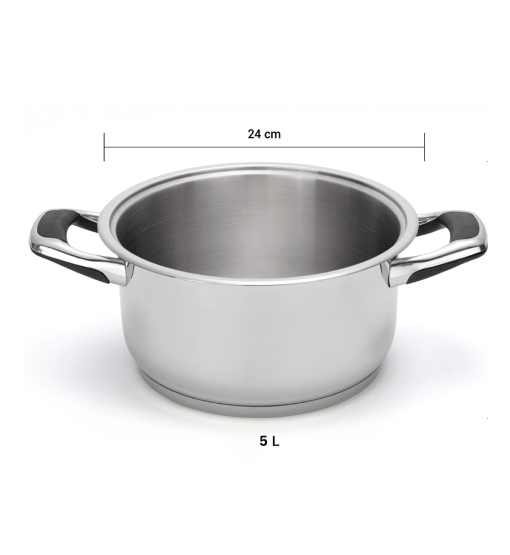 Stainless steel pot with dimensions on a white background
