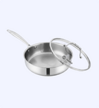 Stainless steel frying pan with lid on a white background