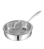 Stainless steel frying pan with lid on a white background