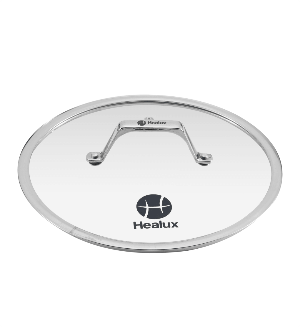 Glass cookware lid with metal handle and Healux logo on a white background