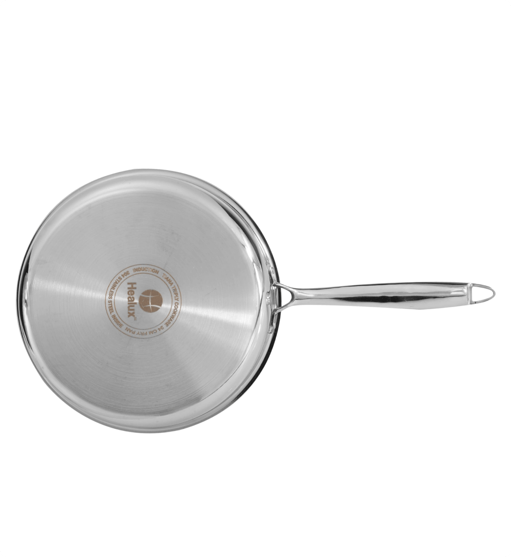 Stainless steel frying pan with handle on a white background