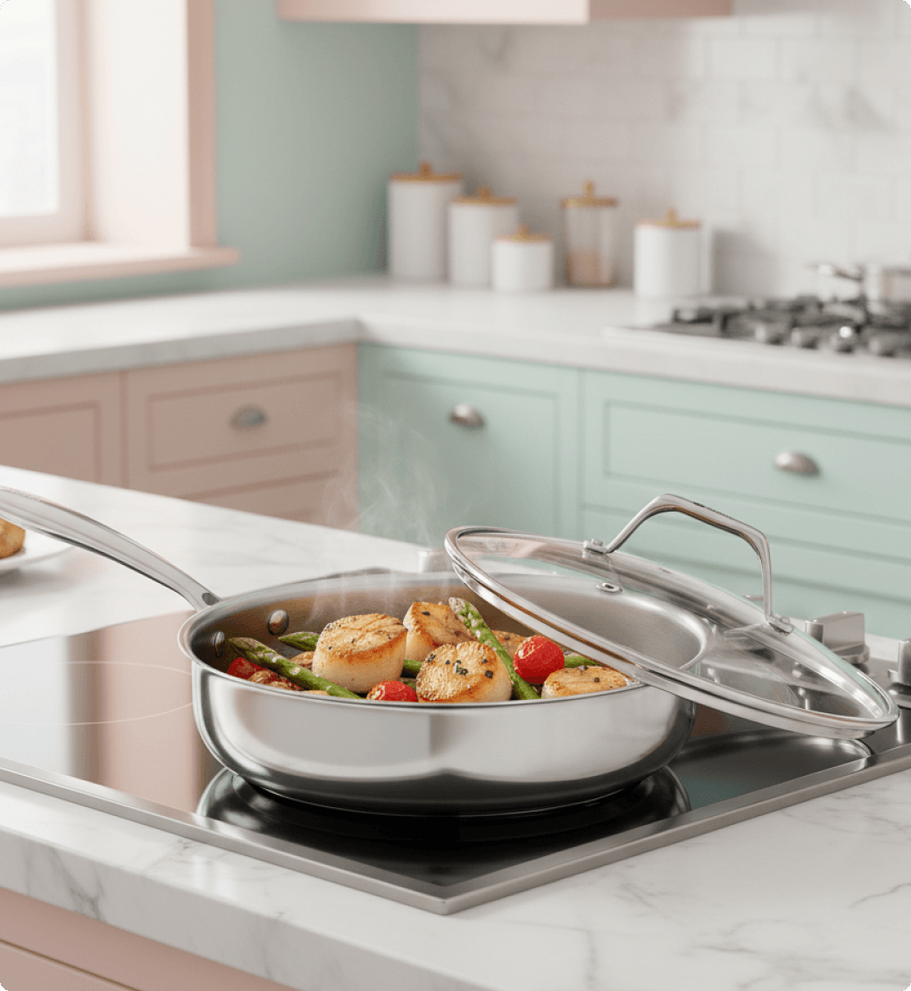 Stainless steel pan with food on a kitchen stove