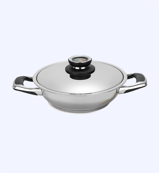 Stainless steel wok with lid on a white background