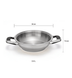 Stainless steel pot with dimensions labeled on a white background