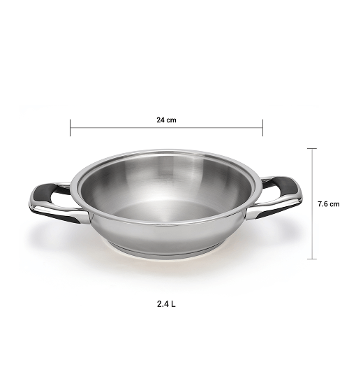 Stainless steel pot with dimensions labeled on a white background