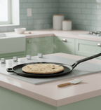 Pan on a stovetop with a cookie baking inside, in a kitchen setting.