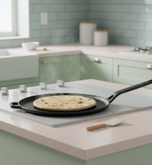 Pan on a stovetop with a cookie baking inside, in a kitchen setting.