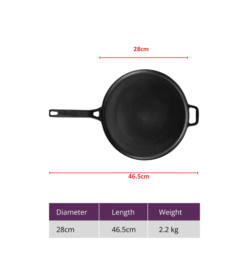 Black cast iron skillet with measurements on a white background