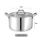 Stainless steel pot with dimensions and capacity label on a white background
