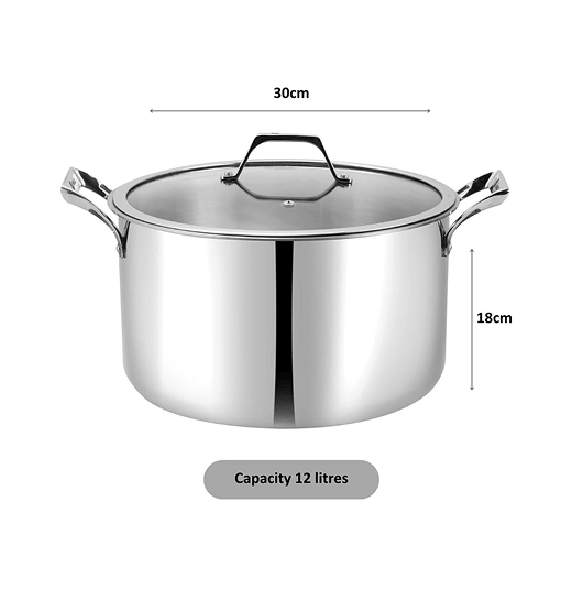 Stainless steel pot with dimensions and capacity label on a white background