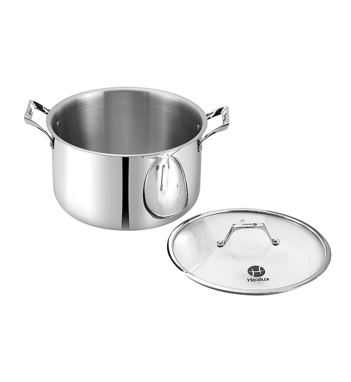 Stainless steel pot with a glass lid on a white background