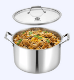 Stainless steel pot with food and lid on a white background, featuring the Healux brand.