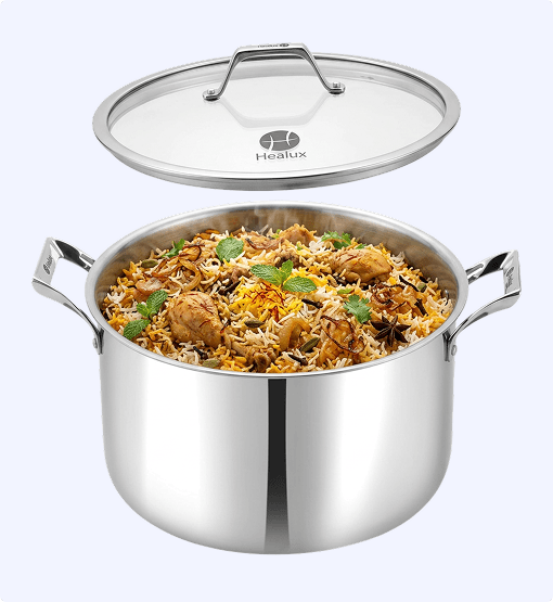 Stainless steel pot with food and lid on a white background, featuring the Healux brand.