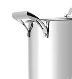 Close-up of a stainless steel pot with a lid on a white background