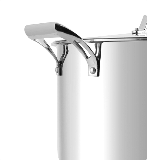 Close-up of a stainless steel pot with a lid on a white background