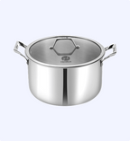 Stainless steel pot with lid on a light gray background