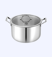 Stainless steel pot with lid on a light gray background