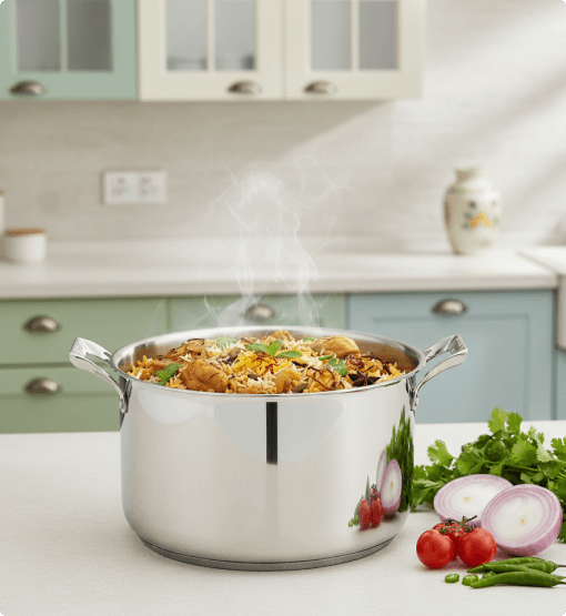 Stovetop with a pot of food and vegetables on a kitchen counter