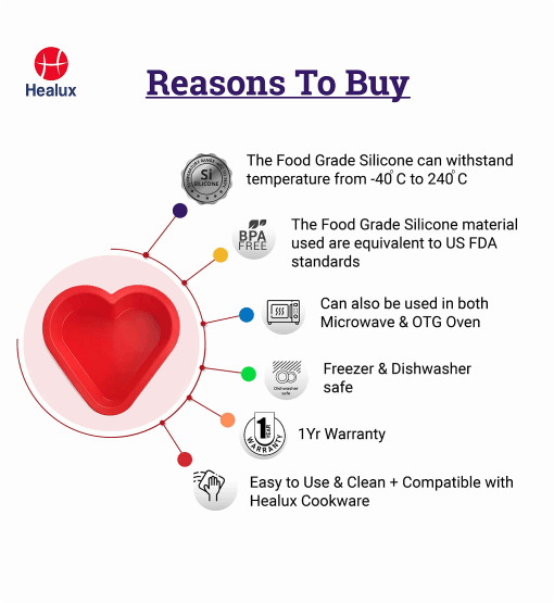 Healux product with heart-shaped silicone mold and features listed on a white background
