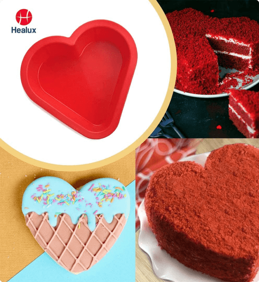 Heart-shaped cake pan with red cake, ice cream cone, and heart-shaped cake on a white background.