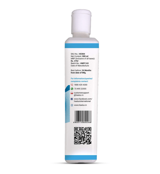 Back view of a white bottle with a blue label on a white background