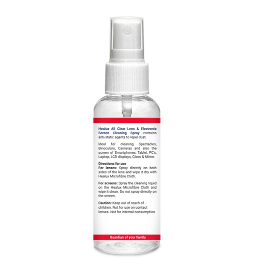 Clear spray bottle with white cap and red label on a white background