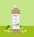 Bottle of Heelux Amla Juice with a green background