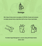 Dosage instructions for Amla Juice on a green background with icons.
