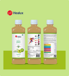Three bottles of Healux Amla Juice on a green background