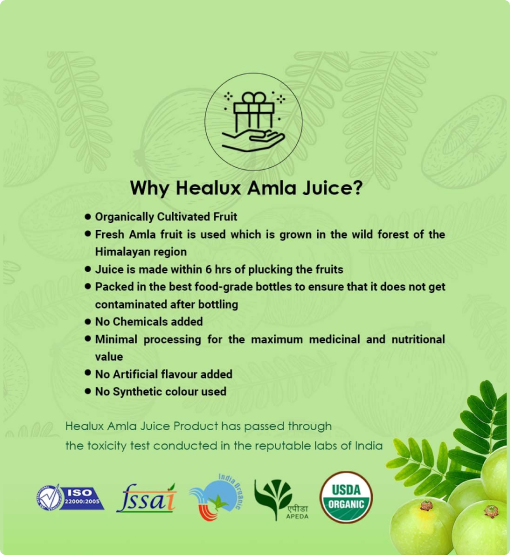 Promotional graphic for Healux Amla Juice with text on benefits and certifications.