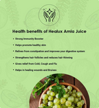 Health benefits of Healux Amla Juice on a green background with gooseberries.
