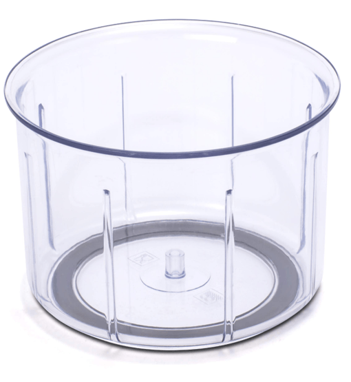 Clear plastic container with a gray base on a white background