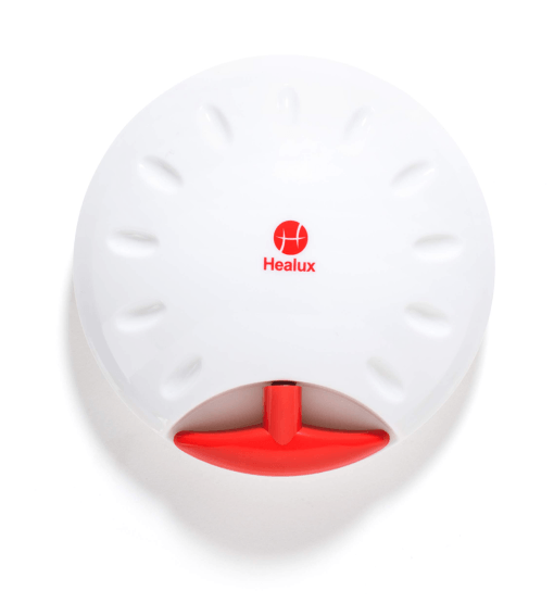 White electronic device with red accents and 'Healux' logo on a white background
