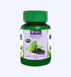 Bottle of Healux Ayurvedic Diabetic Care supplement with green cap and label on a white background