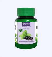 Bottle of Healux Ayurvedic Diabetic Care supplement with green cap and label on a white background