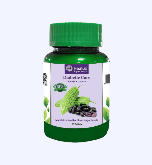 Bottle of Healux Ayurvedic Diabetic Care supplement with green cap and label on a white background
