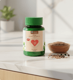 Supplement bottle with green cap on a white surface with a blurred background