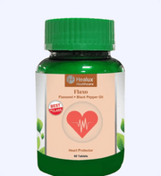 Bottle of Healux Healthcare Flaxo supplement with green cap and beige label on a white background