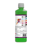 Green bottle with a colorful label on a white background