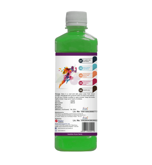 Green bottle with a colorful label on a white background