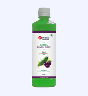 Bottle of Healux Karela Jamun Juice on a white background