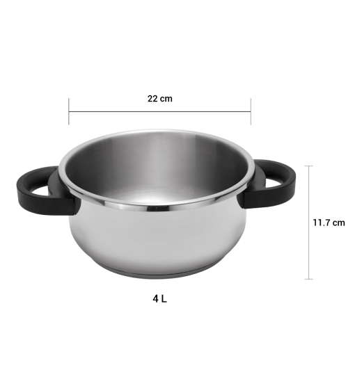 Stainless steel pot with black handles and dimensions labeled on a white background