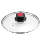 Glass lid with a black handle and red button on a white background