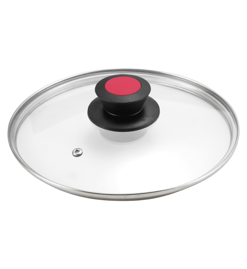 Glass lid with a black handle and red button on a white background