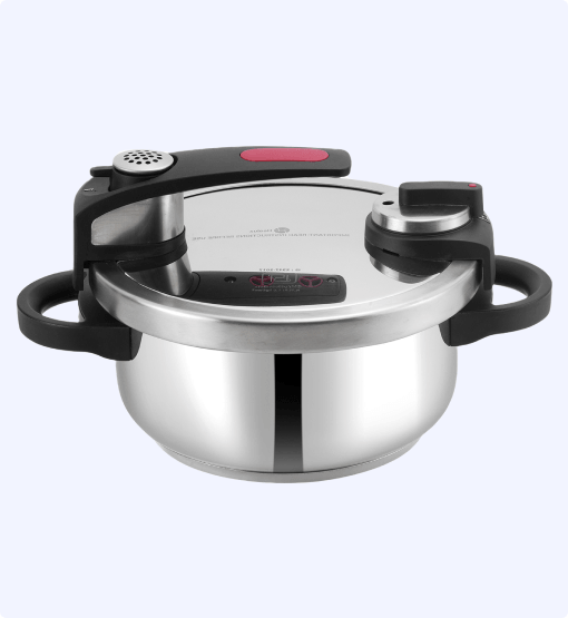 Stainless steel pressure cooker with digital display on a white background