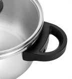 Stainless steel pressure cooker with black handle on a white background