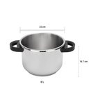 Stainless steel pot with black handles and dimensions on a white background
