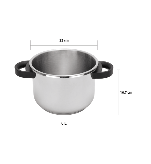 Stainless steel pot with black handles and dimensions on a white background