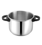 Stainless steel pot with black handles on a white background
