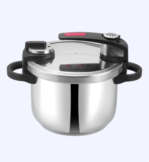 Stainless steel pressure cooker with digital display on a white background